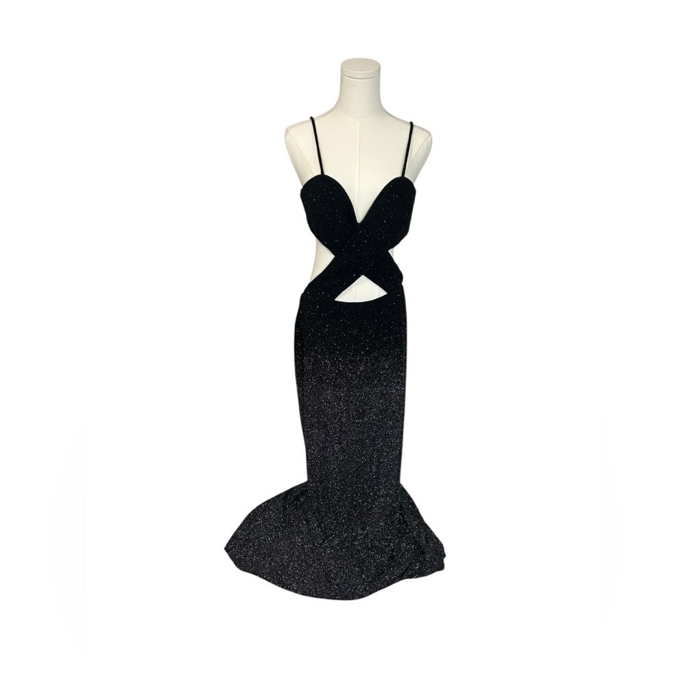 Vintage Cache Maxi Evening Dress Cut Outs Glitter Ombré Black Silver Sz 12